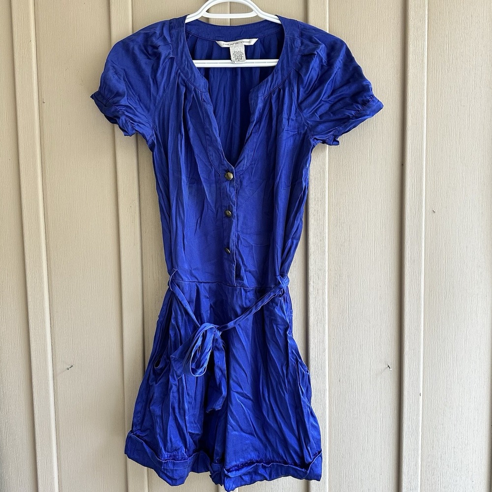 Diane Von Fursteberg Blue Silk Shorts Romper Women's 2 Small V Neck Buttery Soft